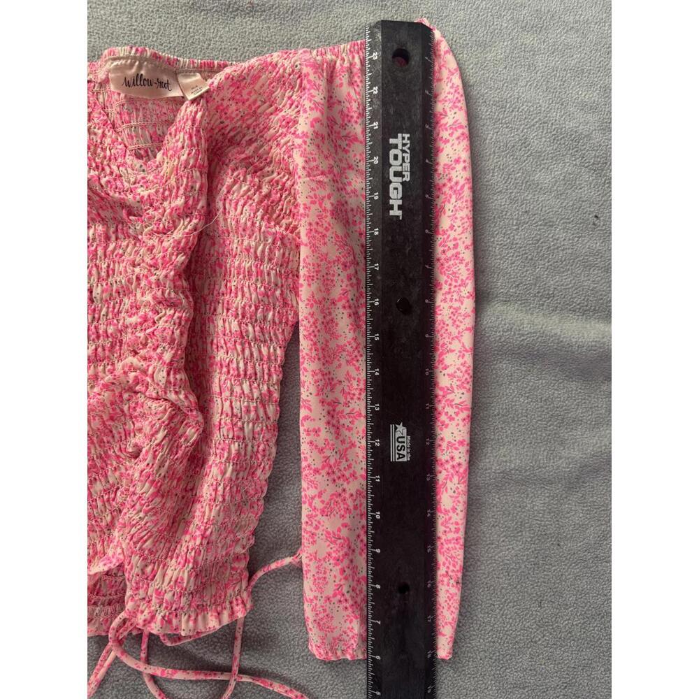 pink floral‎ smocked blouse cottagecore ruched tie front top xs - Picture 9 of 9